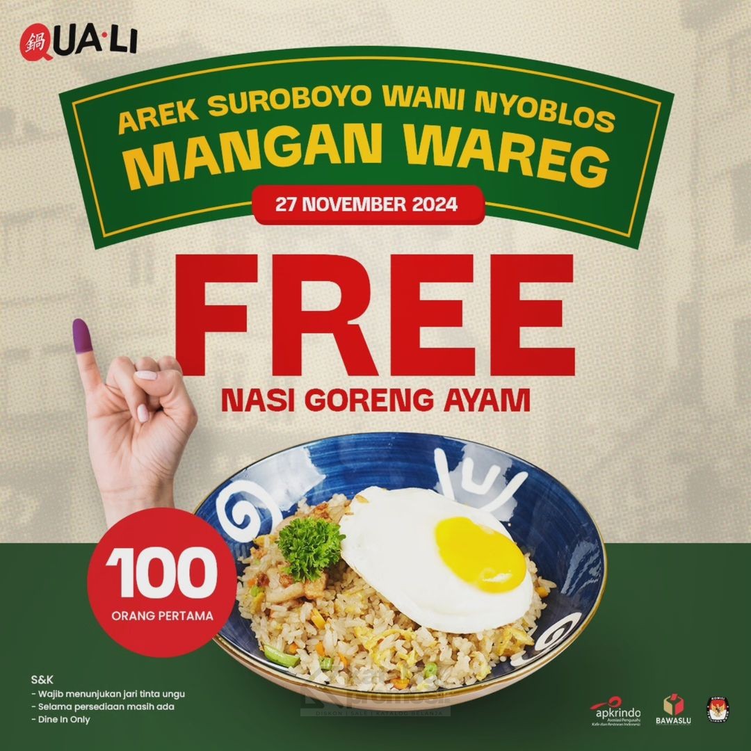 katalogpromosi's tweet image. 🎉 Pilkada Seru di QUALI! Dapatkan Nasi Goreng Ayam GRATIS untuk 100 orang pertama yang tunjukin tinta ungu di 27 Nov! Ayo buruan ke outlet QUALI terdekat! 
katalogpromosi.com/promo-qua-li-s…

#QUALIPromo #PilkadaPromo #MakanGratiss