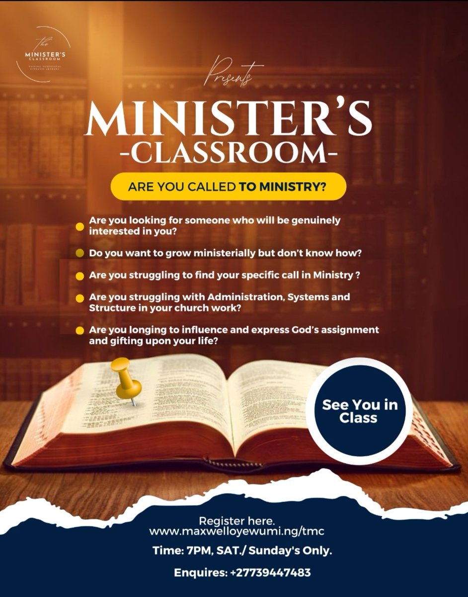 ARE YOU CALLED TO MINISTRY?
Do you want to grow ministerially but don’t know how?
Are you struggling with Administration and Structure in your church work?
Are you longing to express God’s assignment upon your life?
Then, this is for you
To Register;
maxwelloyewumi.ng/tmc