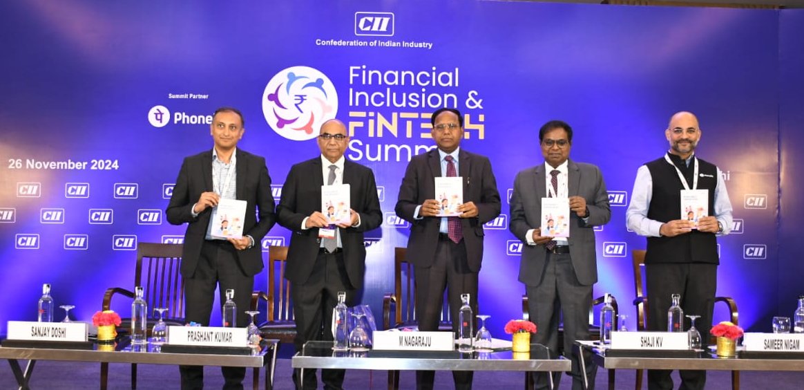 Unveiling of the <a href="/FollowCII/">Confederation of Indian Industry</a> - <a href="/KPMGIndia/">KPMG India</a> Financial Literacy Handbook by Shri M Nagaraju - Secretary, Department of Financial Services, Ministry of Finance, Government of India; Shri Shaji K V, Chairman, <a href="/NABARDOnline/">NABARD Online</a>; Mr. Sameer Nigam, Co-Chair, CII National Committee on Fintech