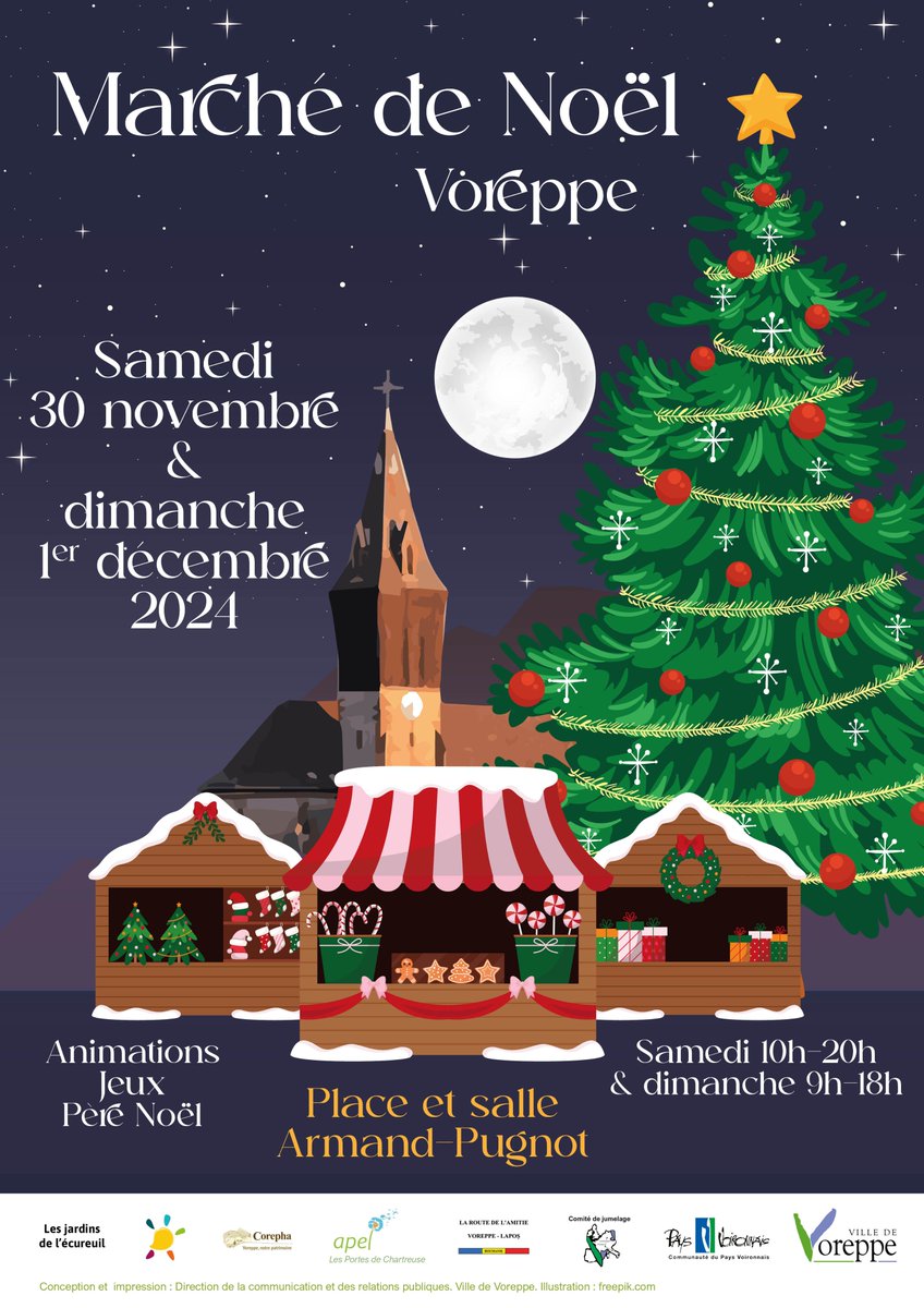 voreppe's tweet photo. Le marché de #Noël 🎄🧑‍🎄 à #Voreppe c'est ce week-end, avec nocturne jusqu'à 20h samedi.
Nombreux stands et animations ! 
Programme complet ▶️ https://t.co/B9SsvZMbOJ
💚 https://t.co/4T781aZVwr