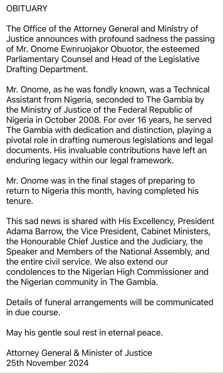 Gambia_MOJ's tweet photo. May your soul rest in eternal peace, Parliamentary Counsel Onorme. Your legacy of gentle leadership and guidance to the young lawyers who had the privilege of crossing your path will forever be remembered. https://t.co/jZHS16yBD7