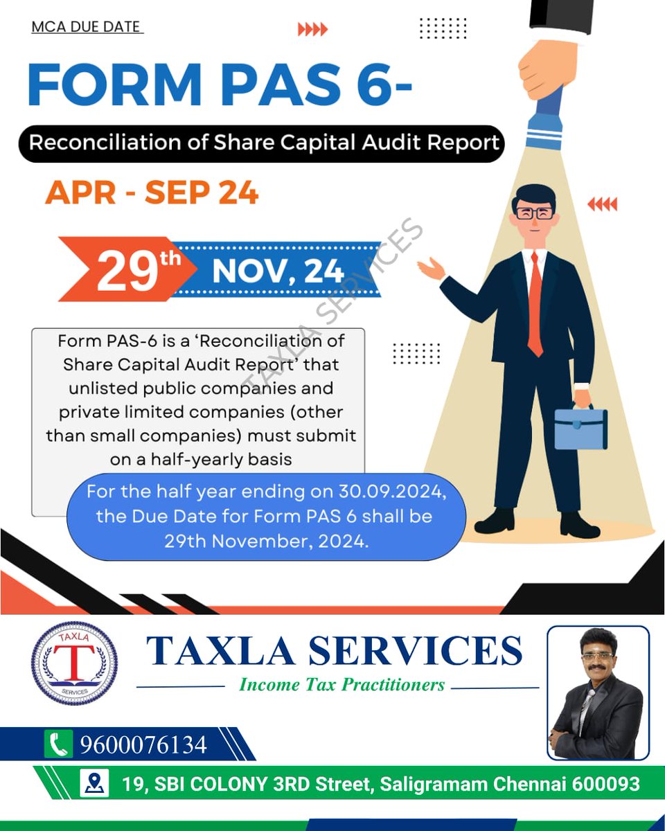 SivaAudit's tweet image. 📢 MCA Due Date Alert!

📞 Contact Us: 9600076134
📍 Visit Us: 19, SBI Colony, 3rd Street, Saligramam, Chennai 600093

🔗 Stay Compliant with Taxla Services!

#MCADueDates #FormPAS6 #TaxlaServices #StayCompliant #CorporateCompliance #BusinessSupport