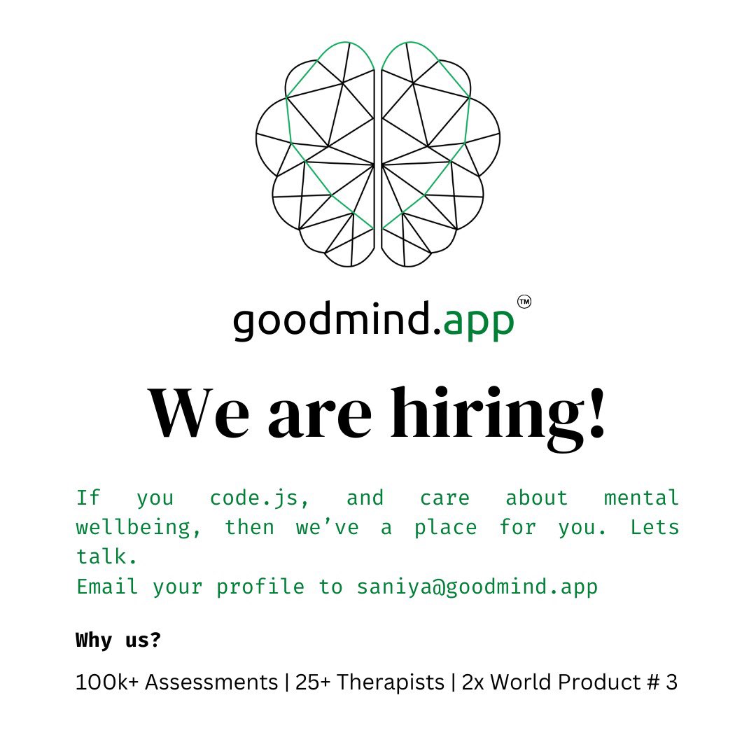 SaniyaMohammed_'s tweet image. If you are a coder, who dreams of doing something bigger than just writing lines of code, we’re looking for you! We need people who are hungry, curious &amp;amp; crazy-crazy enough to believe they can change the world! Send your profiles to saniya@goodmind.app
#wearehiring #codeforchange
