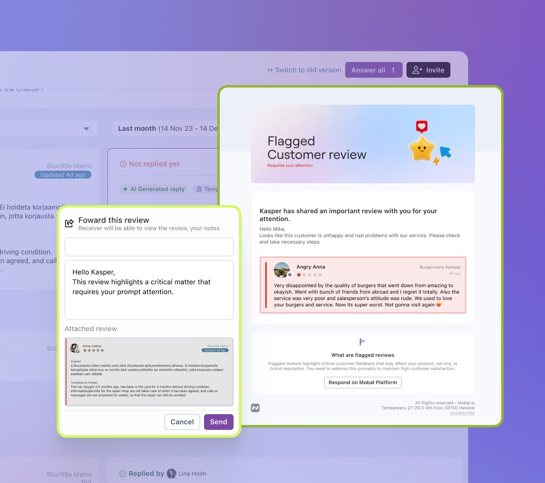 New in Mobal → Review Forwarding ✉️

You can now easily forward reviews straight from Mobal! Highlight standout reviews or quickly notify someone about specific feedback with just a few clicks. 

Signup today: hubs.li/Q02YvB2z0 

#mobal #reviews #googlereview #tech