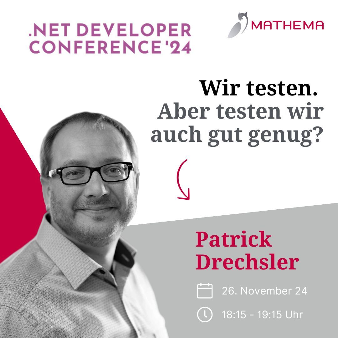 Vorfreude pur✅
Heute um 18:15 - 19:15 Uhr auf der <a href="/ddc_conference/">.NET Developer Conference</a> erwartet euch ein spannender Vortrag von <a href="/drechsler/">Thorsten Drechsler</a>. 🧑‍💻

 „Wir testen. Aber testen wir auch gut genug? Oder wie uns Zombies und Mutanten helfen, sichere Software zu schreiben.“ 🧟‍♂️

#MATHEMA #DDC