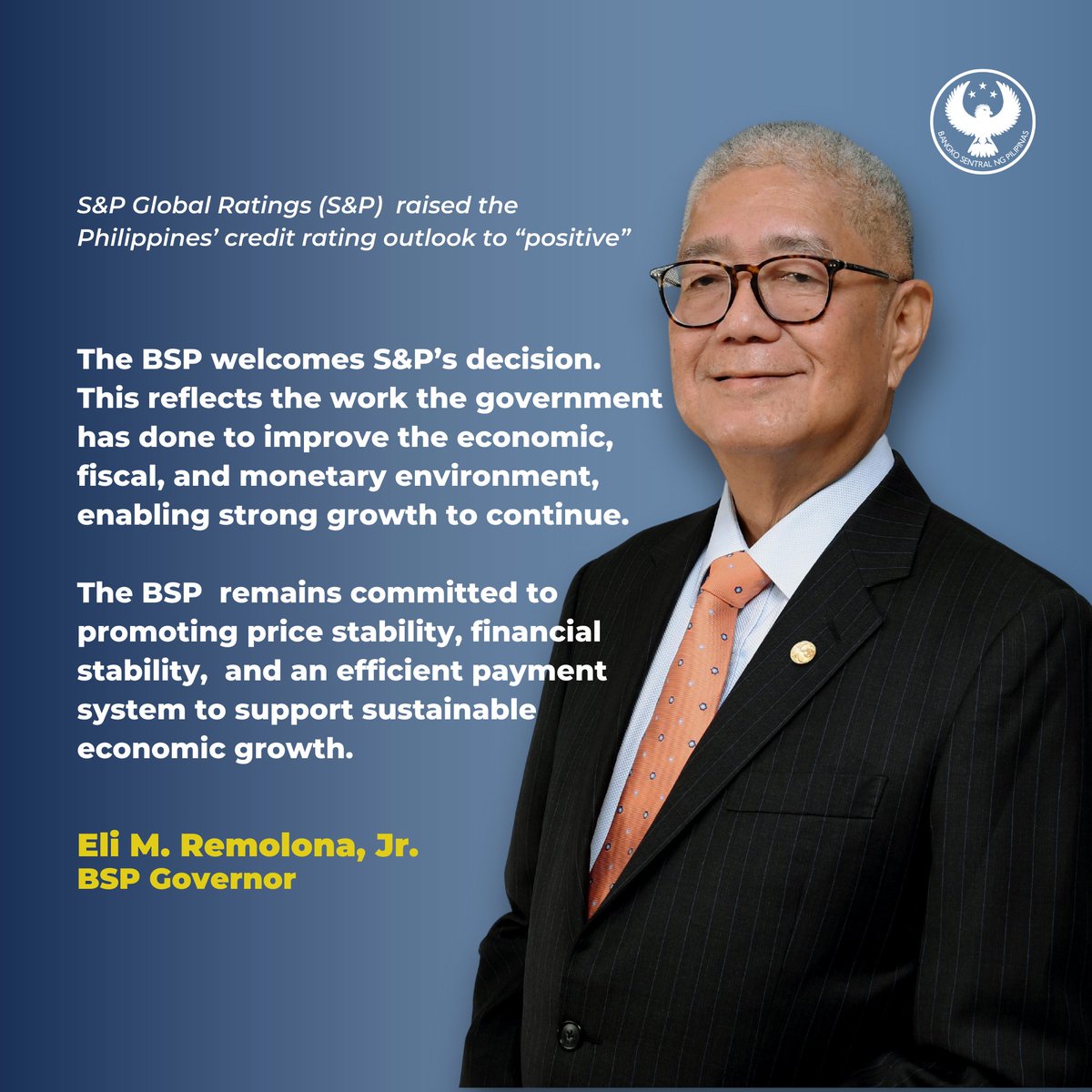 S&amp;P Global Ratings (S&amp;P) raised the Philippines’ credit rating outlook to “positive,” indicating a possible upgrade to an “A-” rating within 24 months, helping lower borrowing costs and making the country more attractive to investors.

Details: bsp.gov.ph/SitePages/Medi…