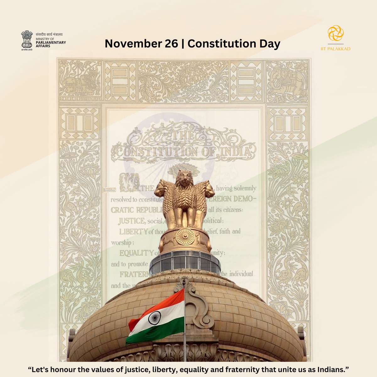 PalakkadIIT's tweet image. November 26 | #ConstitutionDay2024 

“Let&apos;s honour the values of justice, liberty, equality and fraternity that unite us as Indians.”
.
.
.
.
#iitpkd #nationalconstitutiondayofindia #ConstitutionDay2024 #EqualityForAll  #november26 #preambleofindia #preambleofindianconstitution