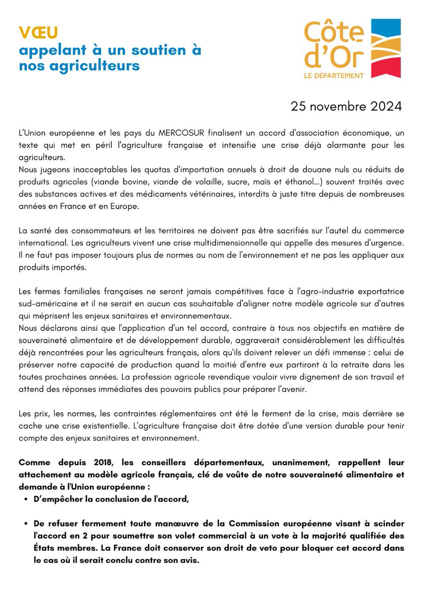 Sauvadet's tweet photo. Par un vœu voté à l'unanimité en #SessionDep21, nous appelons à un soutien de nos agriculteurs et à mettre fin aux discussions de l’Union européenne avec les pays du MERCOSUR.
⤵️ https://t.co/idocxexEdh