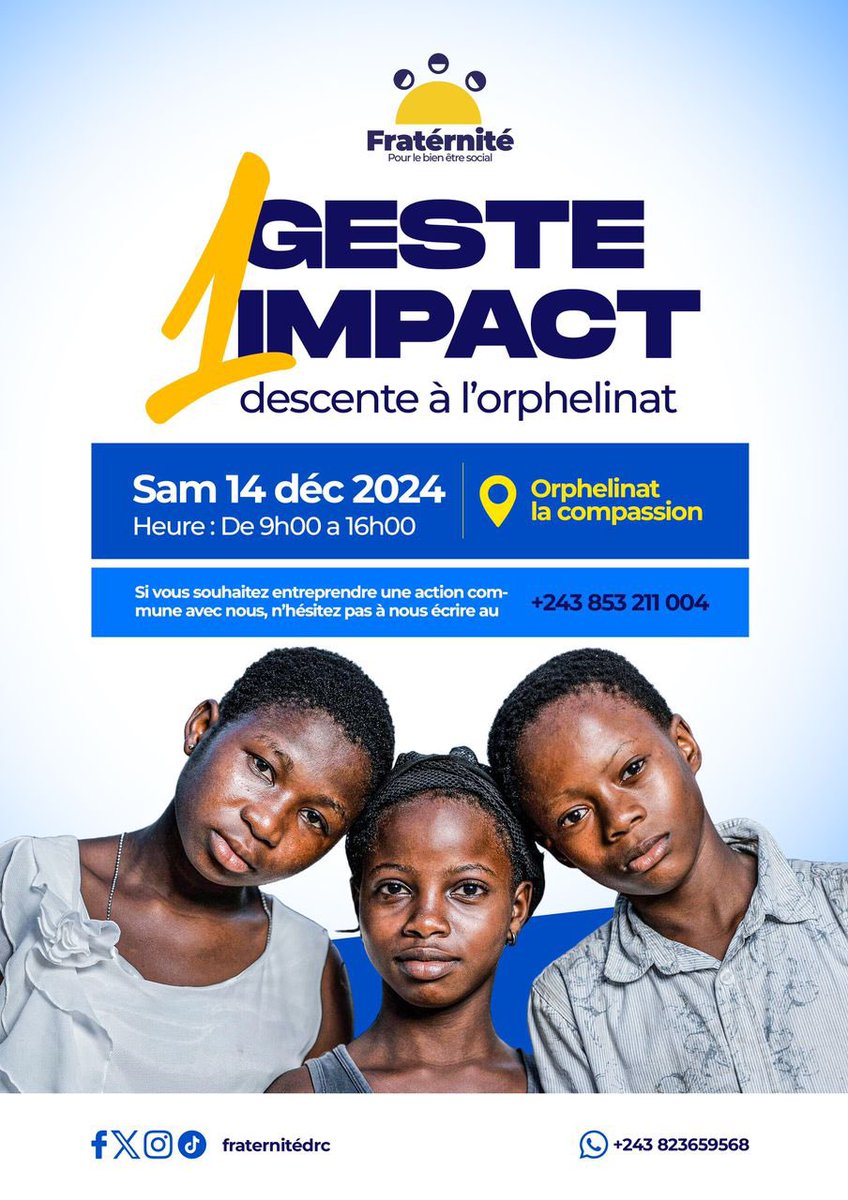 MerdieKinyoka's tweet photo. Un geste, un impact, un grand sourire 😊
Ensemble offrons un moment de joie à ces enfants qui en ont tant besoin.
#fraternitedrc https://t.co/DZxtzub4Jr