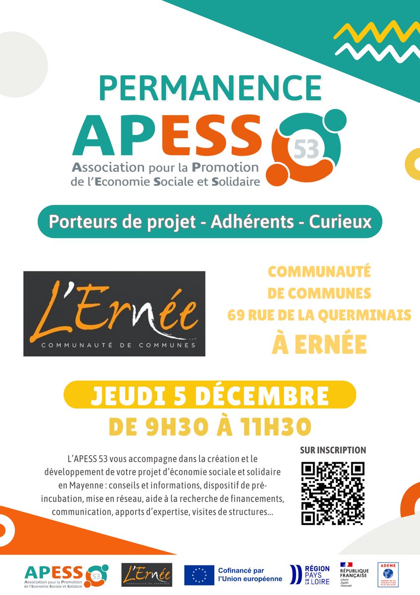 L'APESS 53 et la Communauté de communes de l'Ernée vous donnent rendez-vous Jeudi 5 décembre pour une rencontre conviviale d'interconnaissance entre acteurs de l'ESS

framaforms.org/permanence-ern…

#ESS #innovationsociale #Mayenne