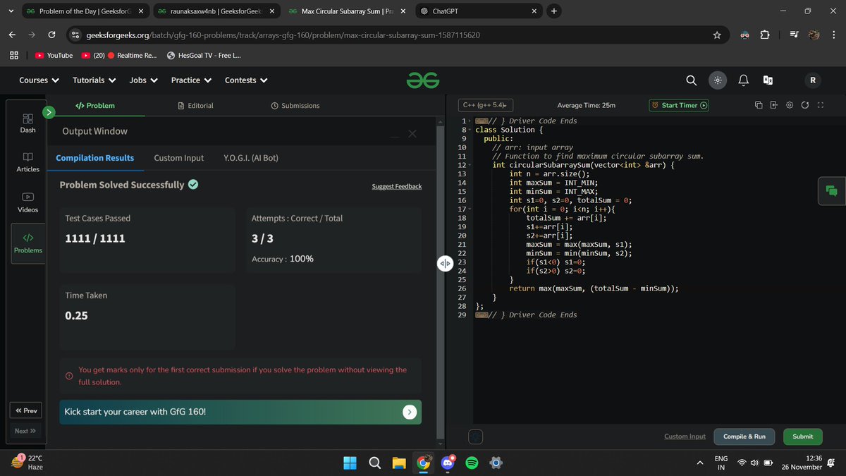 raunakcode's tweet image. Day 11/160        
Completed todays problem.          
#gfg160 #geekstreak2024
