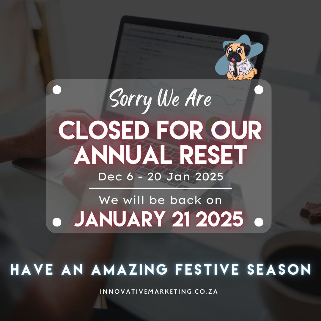 InnovativeZA's tweet photo. Our offices will be closed for our annual shutdown and reset from December 6th to January 21st, 2025. 🌟 We'll be back at full speed on the 21st! 🚀
#AnnualShutdown #FestiveSeason #HappyHolidays #BackIn2025 https://t.co/uV6zhQNv6z