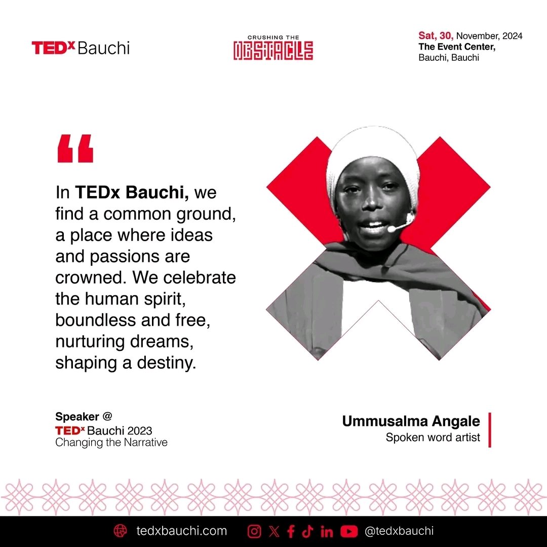 TedxBauchi's tweet photo. tickets today and make sure you arrive on time! 
Join us on November 30, 2024, and discover how to turn challenges into remarkable opportunities for global impact. Grab your tickets at https://t.co/y9U2V8EHhj and get ready to be inspired to conquer obstacles at any age! https://t.co/4xwJuObBma