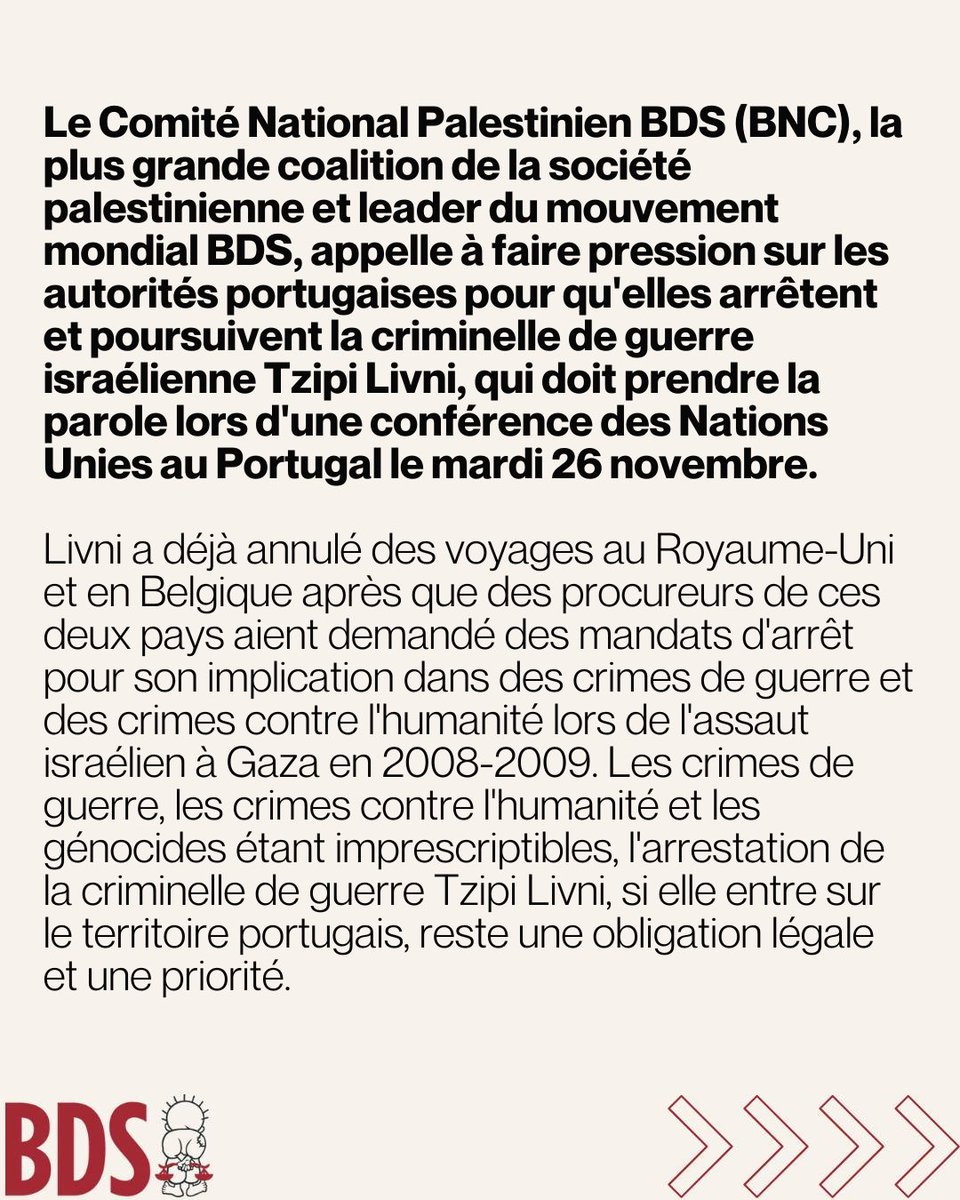 Campagnebds's tweet photo. Nous appellons à faire pression sur les autorités portugaises pour qu'elles arrêtent et poursuivent la criminelle de guerre israélienne Tzipi Livni, qui doit prendre la parole lors d'une conférence des Nations Unies au Portugal le mardi 26 novembre. https://t.co/7O2f7qWmQQ