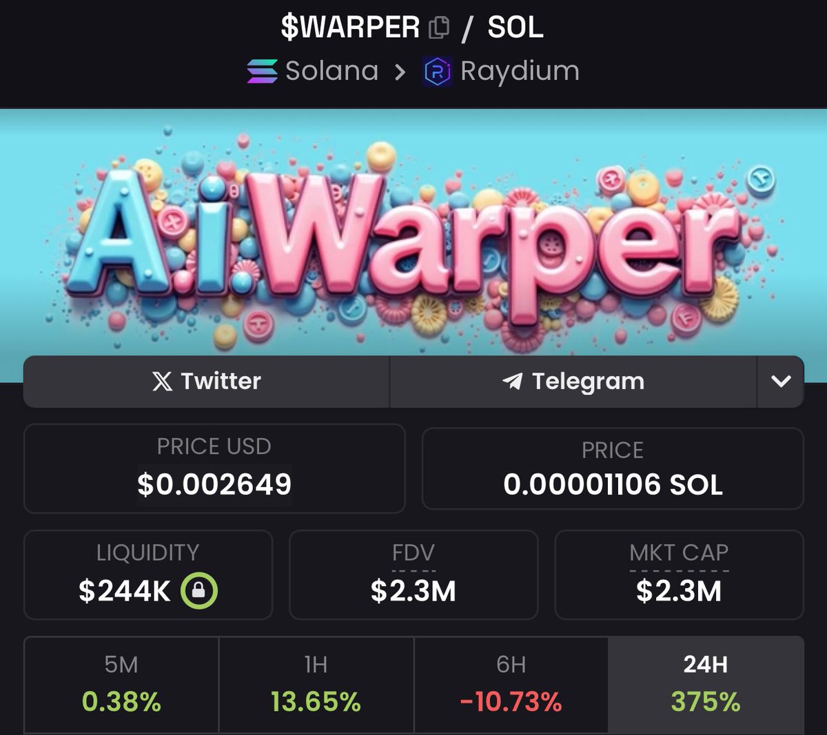 Aped $WARPER  with size - <a href="/AIWarper/">A.I.Warper</a> 

A friend first shilled it to me sub 200k but I wasn’t paying enough attention. Cool tech.

dexscreener.com/solana/2s521Fo…