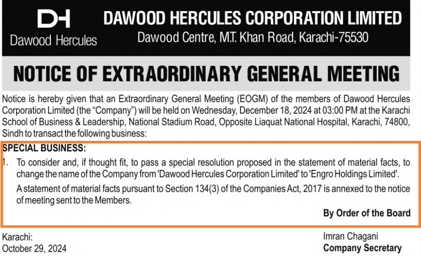 WealthWise15992's tweet image. #DAWH will hold EOGM on 18.12.2024 for change of its name to Engro Holdings Limited.