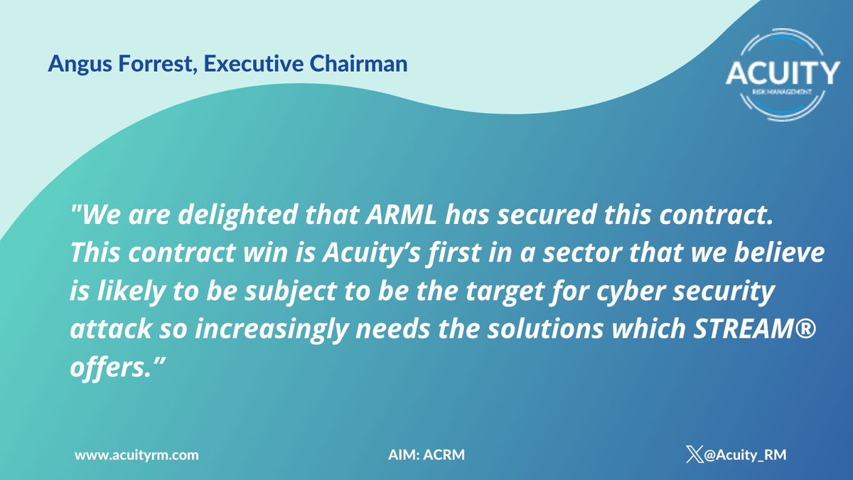 Angus Forrest, Executive Chairman 💬

“This contract win is Acuity’s first in a sector that we believe is likely to be subject to be the target for cyber security attack so increasingly needs the solutions which STREAM® offers.”

🔗 buff.ly/49bZlDN

#ACRM #STREAM