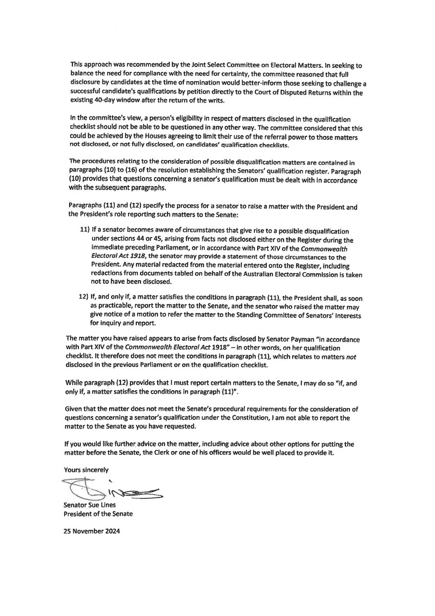 PaulineHansonOz's tweet photo. The Australian Greens do not want you to see these documents!

Many Australians are aware of the serious questions surrounding Senator Payman’s eligibility to sit in the Senate due to her dual citizenship status.

Earlier this year, I gave the Prime Minister the opportunity to address this matter. He chose to take no action and instead protected Senator Payman.

As a result, I followed Senate procedure, writing to the Senate President and asking her to refer this matter to the Senate Standing Committee on Senators' Interests for an urgent inquiry and report.

The Labor Senate President ruled that she would not refer this matter to the committee. Her interpretation of an existing resolution means that, despite the lack of evidence provided by Senator Payman that she took the steps required under law to renounce her foreign citizenship, she will not be referred to the committee. Once again, Senator Payman is being protected by Labor.

As this correspondence is not automatically made public, I sought leave to have it tabled in the Senate. Leave was granted by Labor and the Coalition but denied by the Greens. It seems they too are protecting Senator Payman.

However, I have never been one to let obstacles stop me from doing what is right.

This is why I have submitted a motion for tomorrow that allows the Senate to bypass the President’s ruling and make its own decision on whether Senator Payman's eligibility should be investigated.

Unlike the Greens, I have no interest in hiding this apparent protection racket. Senator Payman is likely using her position in the Senate to automatically register a political party, one that may influence the outcome of the next federal election.

And yet, Senator Payman may be ineligible to sit in the Senate.

The Prime Minister’s failure to take the appropriate action risks undermining the integrity of our elections and the confidence of the Australian people in the integrity of our parliament.

Tomorrow, the Senate will vote to have Senator Payman investigated, and I urge everyone to pay close attention to which politicians vote to keep this shameful protection racket going.