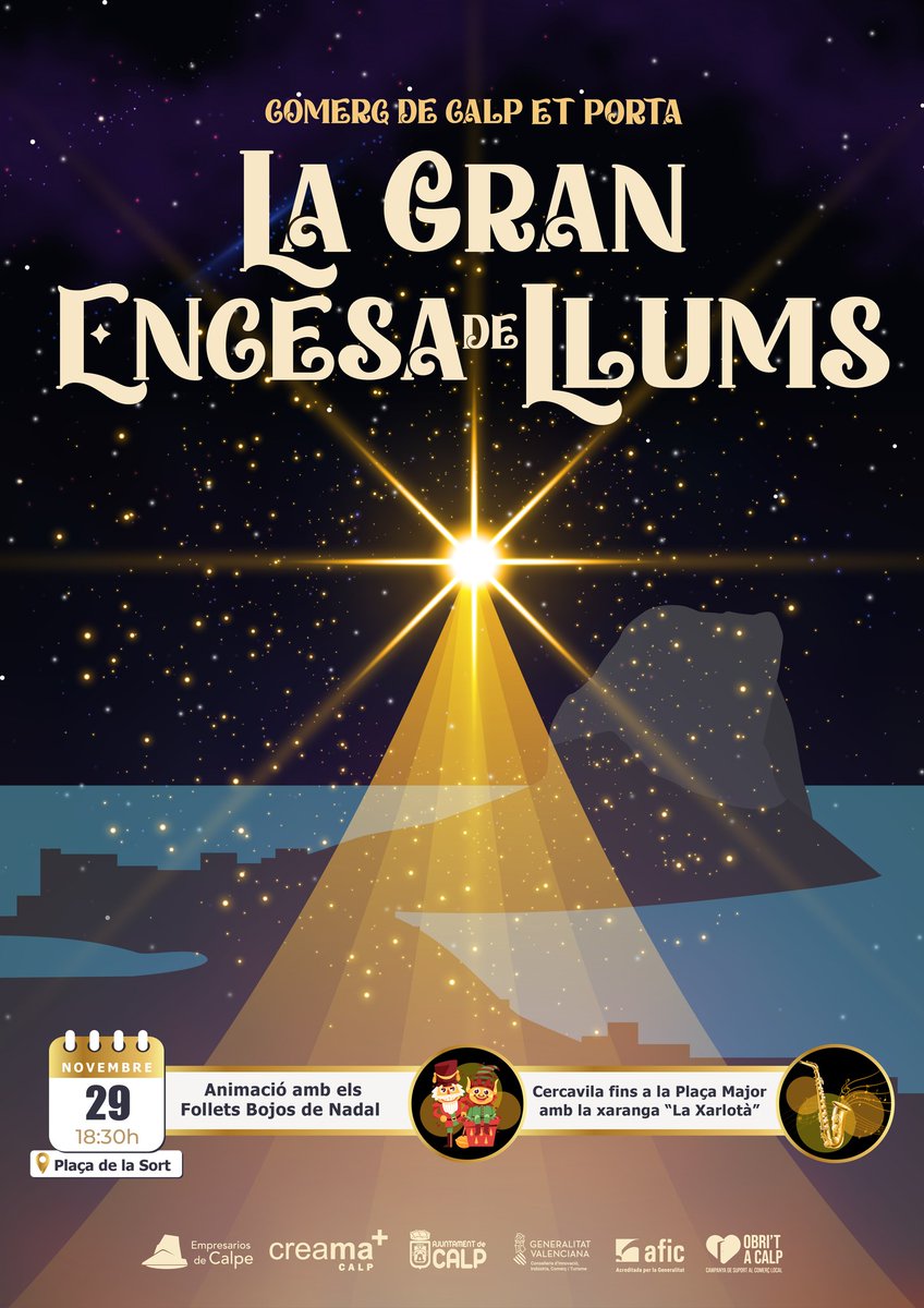creama_org's tweet photo. Nos vemos el🗓️29-11 a las⌚️18.30 h en la📍plaza de la Sort de #Calp para dar la bienvenida a la #Navidad🎄❓
Disfrutaremos del encendido de #LasLucesDeNavidad✨, una original 🧝♂️🧝♀️animación y 🎺🎷🥁música en directo‼️
@calp_ayto
#CreamaCalp #TreballemJuntsPerLaComarca
#ObritACalp https://t.co/6ryT4dByOI