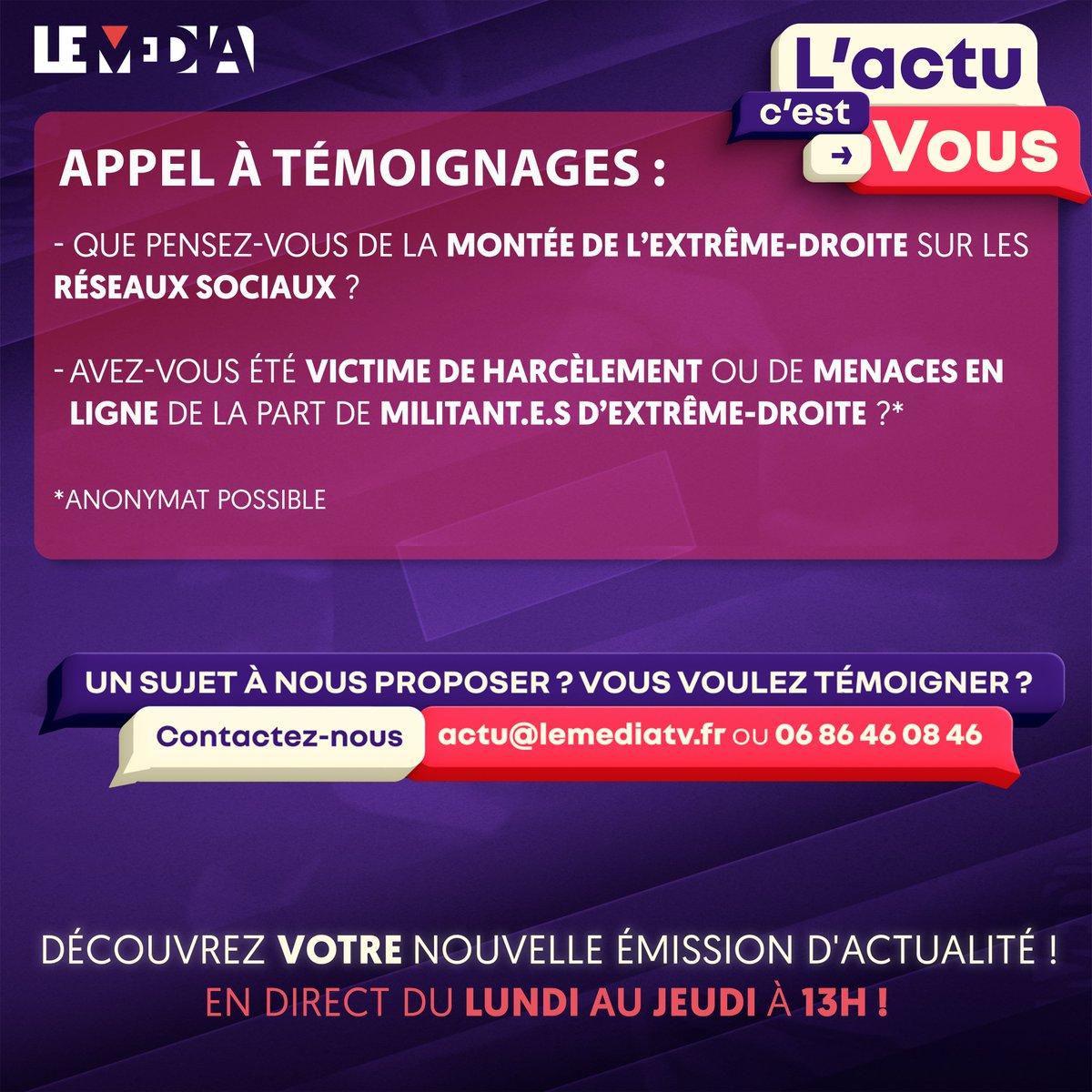 Le Média (@lemediatv) on Twitter photo « L’actu c’est vous » de ce mercredi 27/11 est consacrée à la question de la montée de l'extrême-droite sur les réseaux sociaux
On reçoit <a href="/BougerolEmma/">Emma Bougerol</a> et @IliesDjt pour en parler.
Vous êtes concerné.e.s par le sujet ? Contactez nous : 0686460846 ou actu@lemediatv.fr ! « L’actu c’est vous » de ce mercredi 27/11 est consacrée à la question de la montée de l'extrême-droite sur les réseaux sociaux
On reçoit <a href="/BougerolEmma/">Emma Bougerol</a> et @IliesDjt pour en parler.
Vous êtes concerné.e.s par le sujet ? Contactez nous : 0686460846 ou actu@lemediatv.fr !
