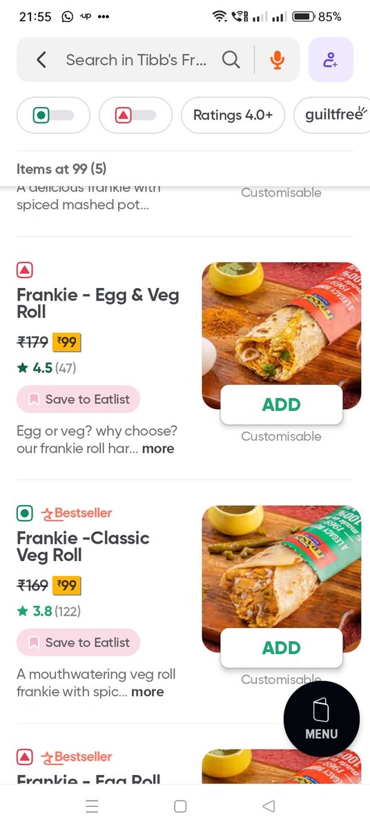 IamNavedN's tweet photo. Yesterday On @Swiggy #TibbsFrankie Menu What I Saw Was. How Come An Egg #Frankie Be a Veg Roll With Non Veg Logo.  
@SwiggyCares https://t.co/MNq7d0Fmyf