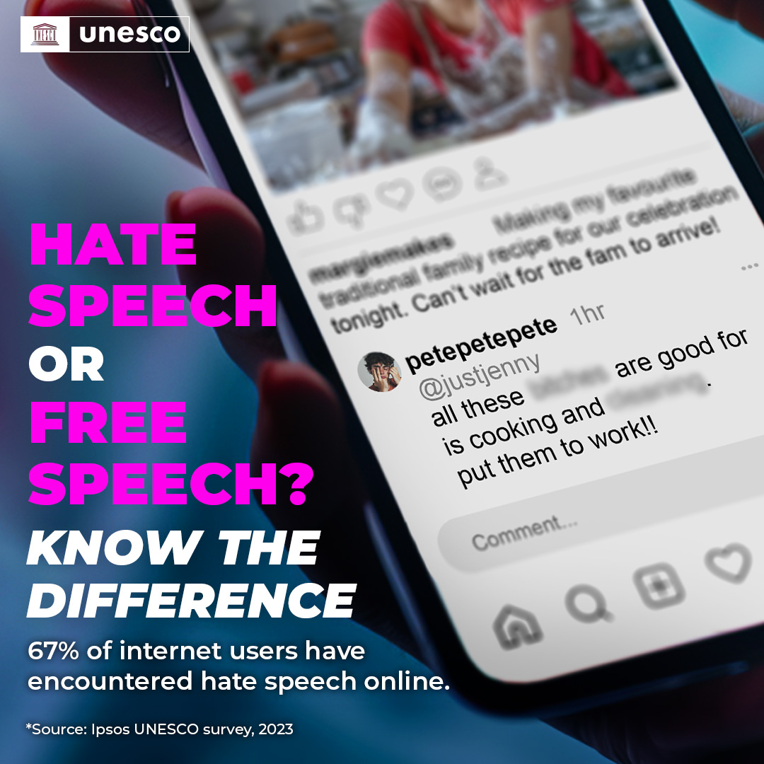 UNESCO's tweet photo. Online hate speech affects us all, breaking trust and deepening divides.

Digital platforms have a responsibility to create systems that empower users and protect them from harm so they can #PostWithCare.

Learn more: https://t.co/T82ROLWtRh