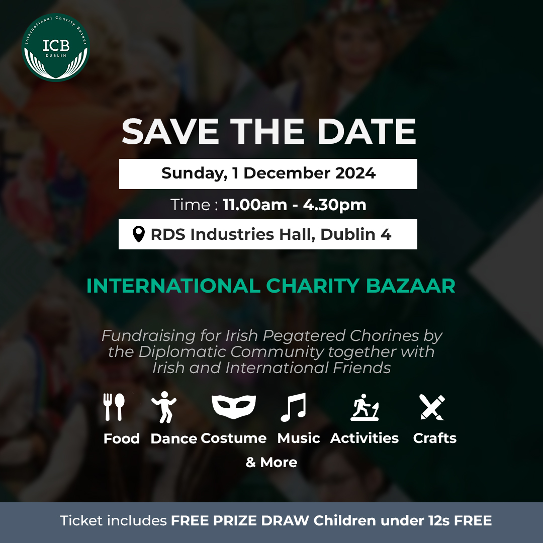 The Czech Embassy in Dublin warmly invites you to this year's international charity bazaar on Sunday 1st December at <a href="/TheRDS/">The RDS</a> . 

More information here: icbdublin.com