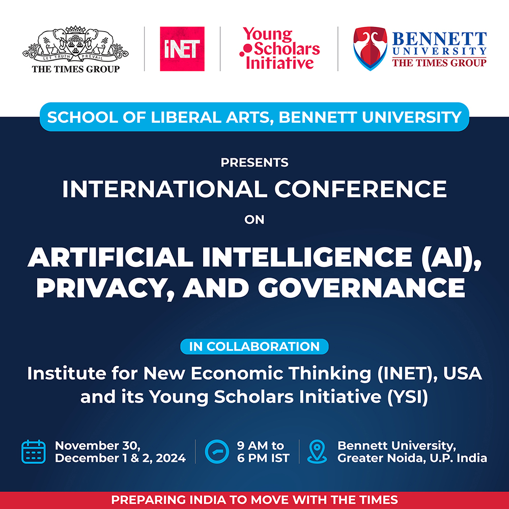 bennettuniv's tweet photo. Bennett University's School of Liberal Arts, in collaboration with INET, USA, is hosting an International Conference on AI, Privacy &amp; Governance! 
Join us for expert insights into the future of AI and ethical governance.
#BennettUniversity #SchoolOfLiberalArts #AIConference #INET https://t.co/WLfyqvLfkr