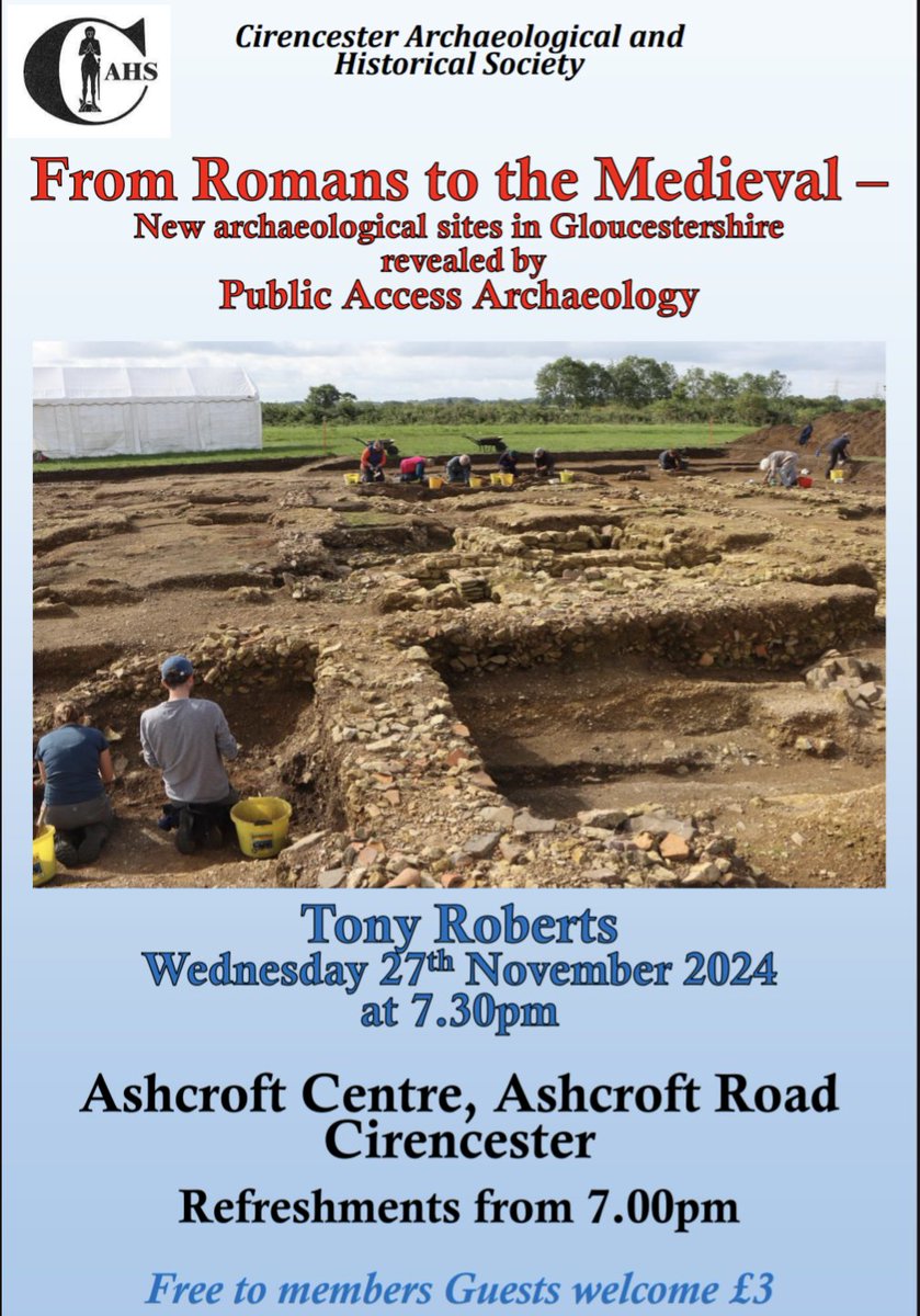 TOMORROW! Ashcroft Centre Ashcroft Road. Tony Roberts on New archaeological sites in Gloucestershire revealed by public access archaeology. Refreshments 7pm lecture 7.30pm. Free to members and guests are very welcome for £3. #archaeologyingloucestershire #publicarchaeology
