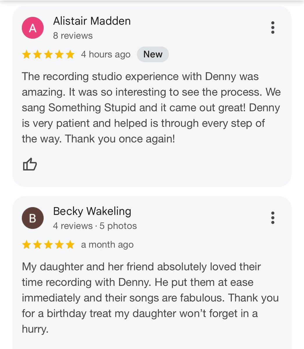 Another couple of lovely reviews received on Google 🙏🎙️🎤🎧
#Recordingsessions #Musicproduction #Recordingstudio #experiencedays