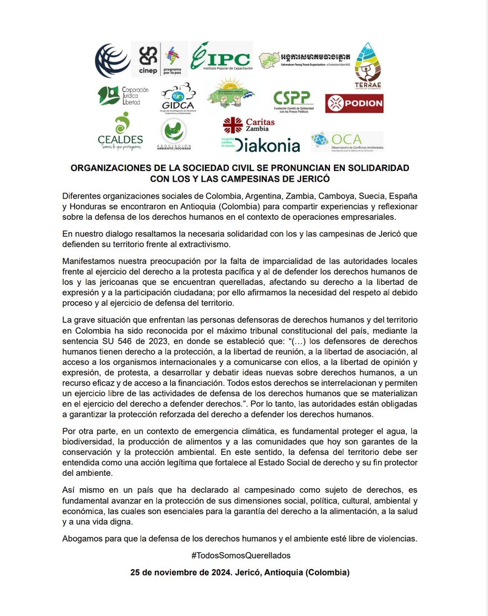 Organizaciones de la sociedad civil de Colombia, Argentina, Zambia, Camboya, Suecia, España y Honduras se pronuncian en solidaridad con los y las campesinos de Jericó. <a href="/petrogustavo/">Gustavo Petro</a> <a href="/susanamuhamad/">Susana Muhamad</a> #TodosSomosQuerellados #FueraAngloGold