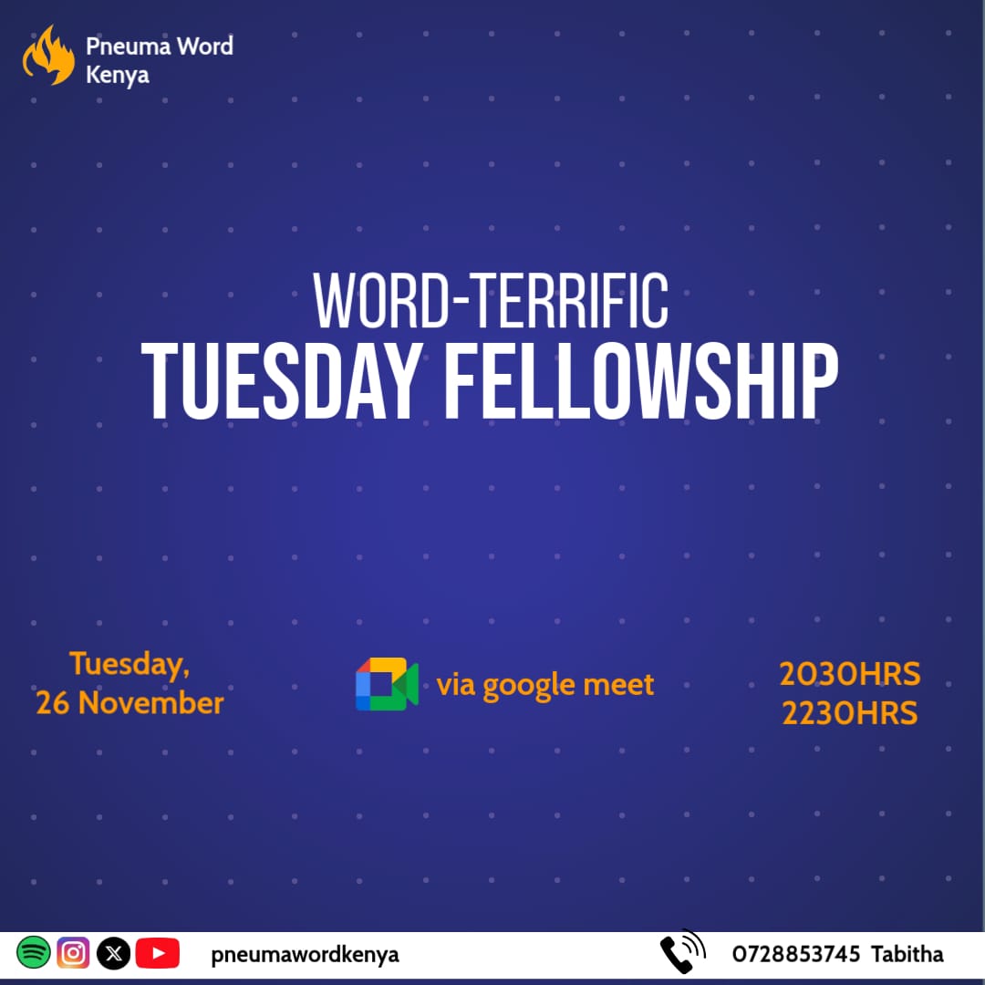 PneumaWordKenya's tweet photo. It's Word Terrific Tuesday Today🎉
Join us as we sit in the presence and listen to the good words of the Lord,
📌Invite your whole sphere of influence
Here is the link: https://t.co/zPuuPApKRx
You are all blessed!
#PneumaFellowship
#WordTerrifficTuesday
#Inviteyoursquad https://t.co/O51DHYUqYv