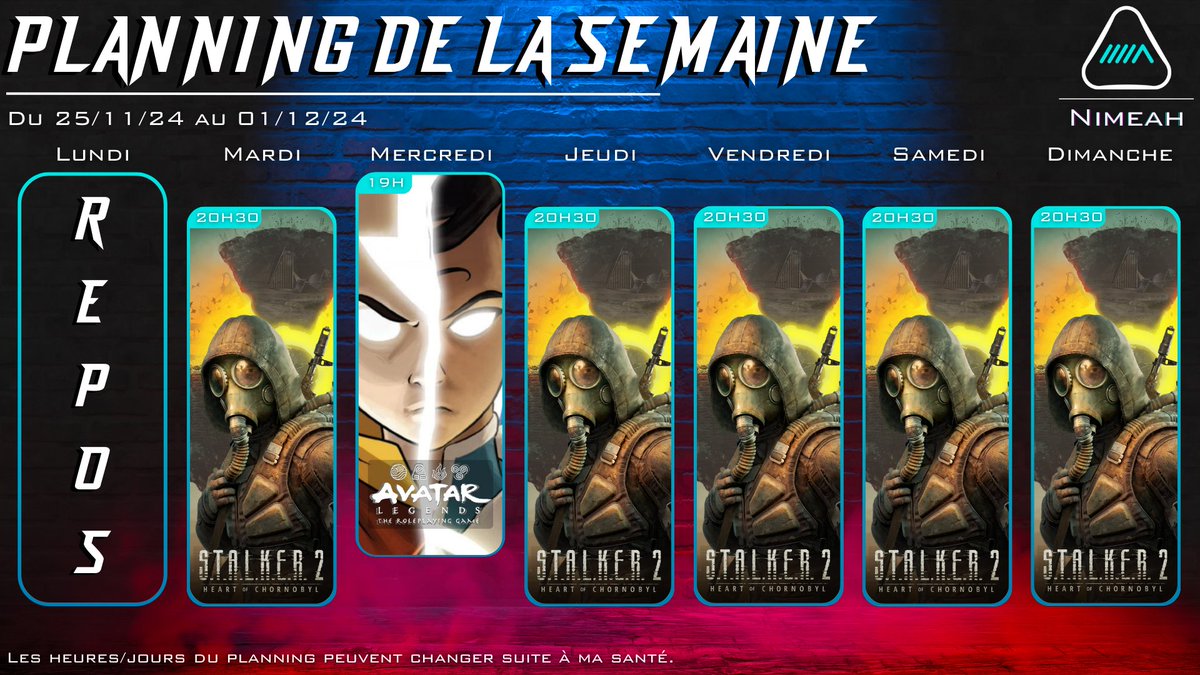 Voici un planning avec plein de jeux différents ! Vous allez voir c'est impressionnant ! J'espère qu'on pourra y jouer, surtout #STALKER2 !

Évidemment on saupoudre ça avec du JDR Avatar Legends chez <a href="/lubu_wei/">Lubuwei</a> avec <a href="/Kiro_S_Terashii/">Kiro S. Terashii</a> @Jack0fS et <a href="/France_Louve/">📝 France Louve 🐺</a> (saféplézir)

la biz !
