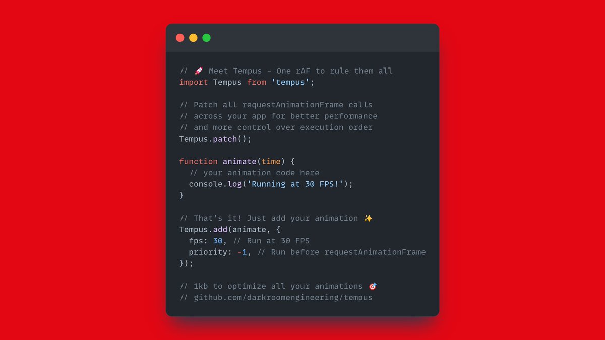 🚀 Introducing Tempus: One rAF to rule them all

• Optimize ALL your animations with one line
• Control FPS per animation
• Manage execution order
• ~1kb gzipped

npmjs.com/package/tempus