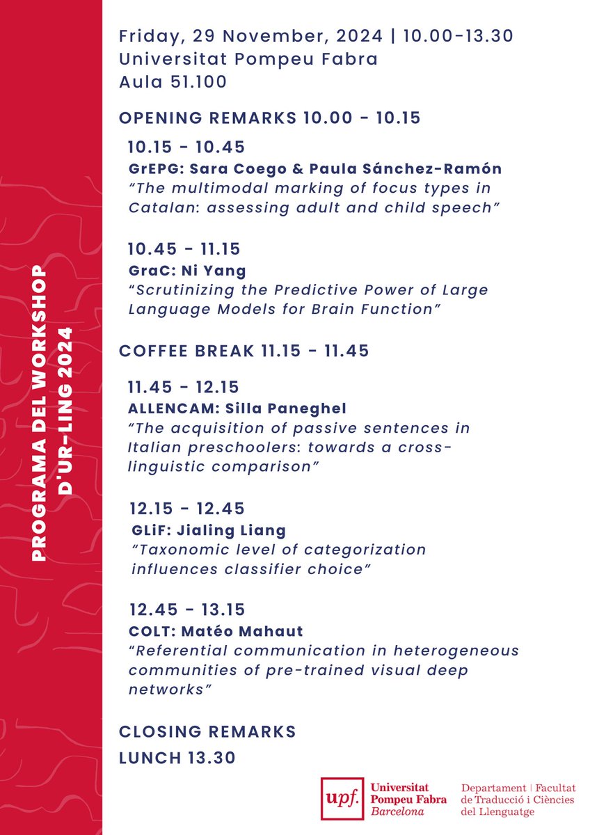 Traducció UPF (@traduccioupf) on Twitter photo 📢 Workshop d'UR-Ling (Unitat de Recerca en Lingüística) de <a href="/TraduccioUPF/">Traducció UPF</a> ‼️
📆 divendres 29/11/2024
🕕 de 10.00 a 13.30
📍 sala Nau (espai 51.100) - Campus Poblenou - UPF
Us hi esperem!
ℹ️ tuit.cat/d17aB 📢 Workshop d'UR-Ling (Unitat de Recerca en Lingüística) de <a href="/TraduccioUPF/">Traducció UPF</a> ‼️
📆 divendres 29/11/2024
🕕 de 10.00 a 13.30
📍 sala Nau (espai 51.100) - Campus Poblenou - UPF
Us hi esperem!
ℹ️ tuit.cat/d17aB