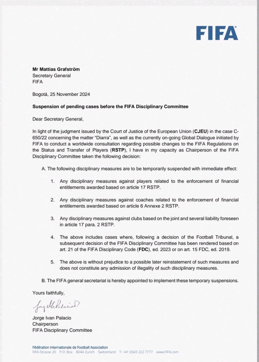 maosportslaw's tweet photo. After FIFA launched a global dialogue on Article 17 of the RSTP and other provisions affected by the ECJ judgement in the Diarra case, the FIFA Disciplinary Committee has suspended all disputes before it,  affected by the judgement. 
#Diarracase
#FIFA
#Footballlaw
#Sportslaw https://t.co/So5yRY9Wxd