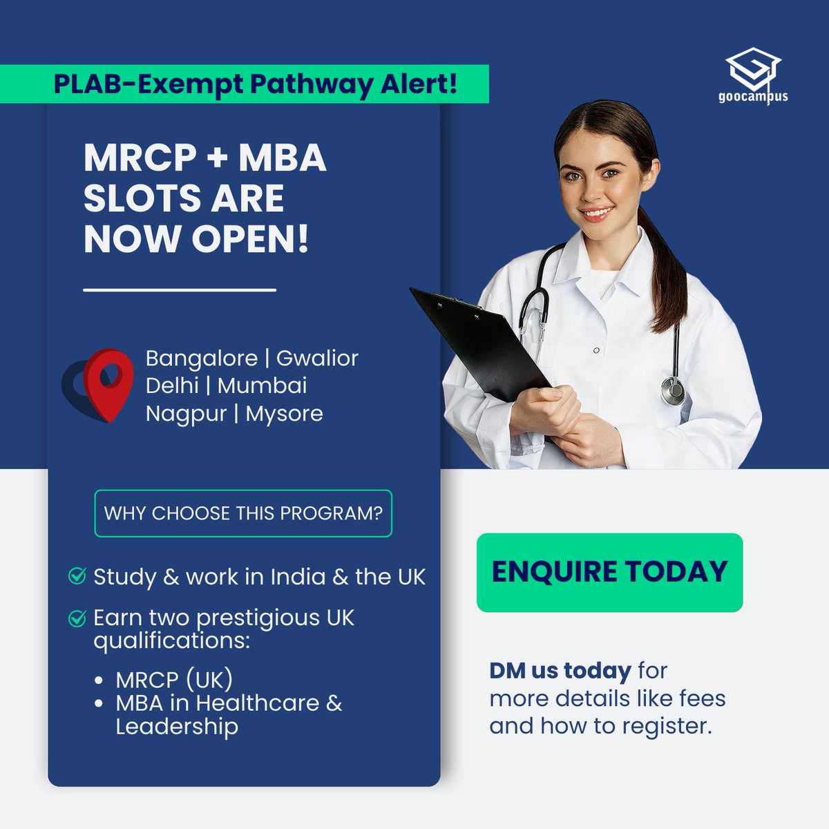 goocampus_in's tweet photo. Unlock your future with the MRCP + MBA program! Study in India, then transition to the UK for NHS opportunities. Earn two top UK qualifications: MRCP (UK) &amp; MBA in Healthcare &amp; Leadership.

💬 DM us today for details on fees &amp; registration! https://t.co/IYBc48ALf8