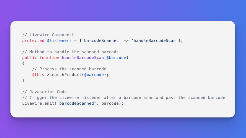 laravelbackpack's tweet photo. #Livewire Tip

Did you know... you can call your Livewire component's methods directly from your javascript code?

It's easy to implement using listeners. For ex. when you have third-party events, such as barcode scan or location detection event and you want to pass data.👇 https://t.co/dWtv2F7rfv