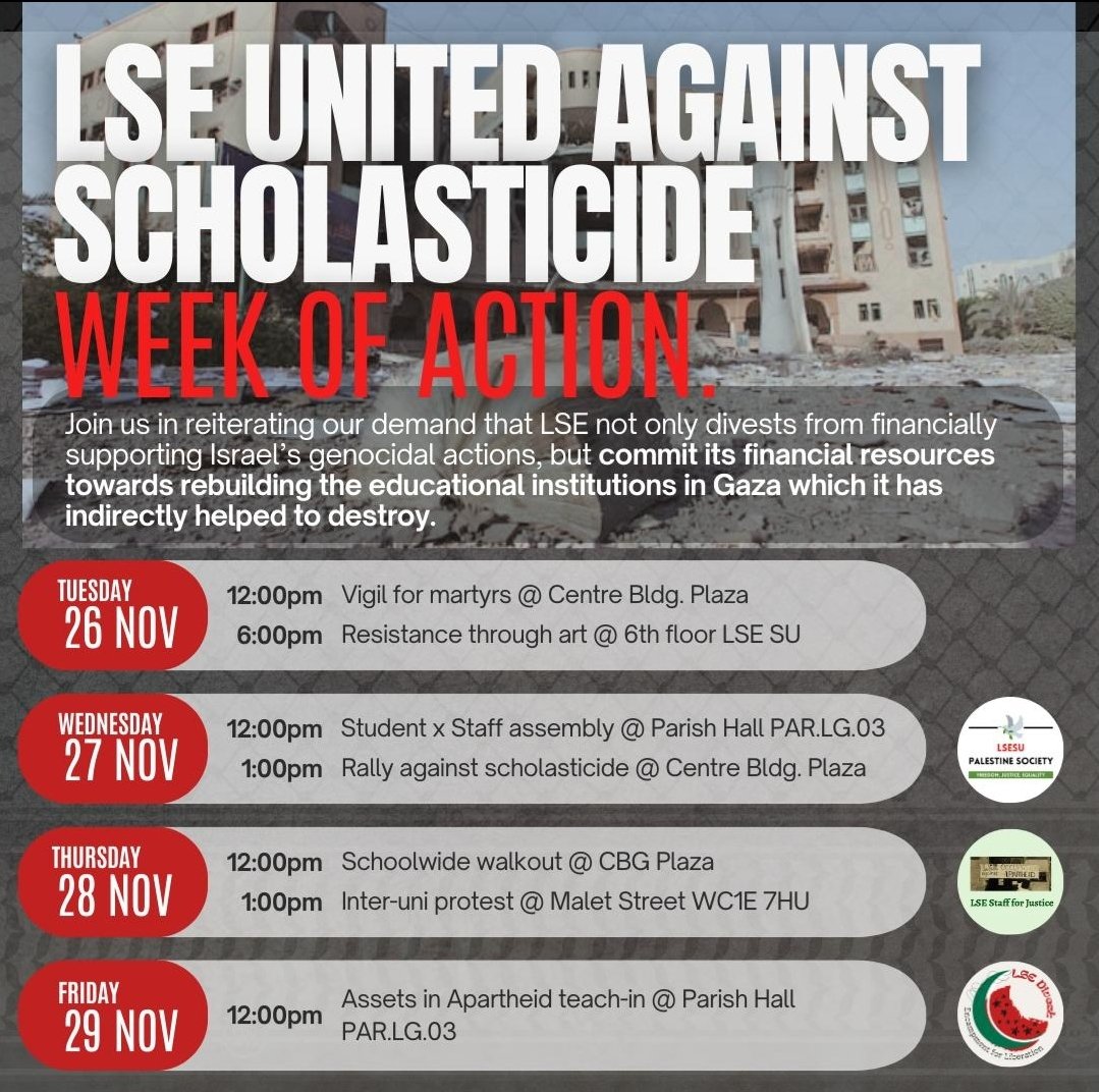 Week of events against scholasticide, until Friday 29 Nov, LSE.