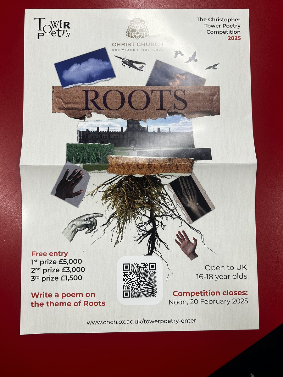 Faculty of Language and Literacy (@cnhs_engmodlang) on Twitter photo Aspiring poets who are 16-18 should come and see Miss Pye in the English Department to enter this wonderful competition.
You will have to write a poem on the theme of roots and it will put you in for the chance to win £5,000!! Don’t miss out! <a href="/towerpoetry/">Tower Poetry</a> Aspiring poets who are 16-18 should come and see Miss Pye in the English Department to enter this wonderful competition.
You will have to write a poem on the theme of roots and it will put you in for the chance to win £5,000!! Don’t miss out! <a href="/towerpoetry/">Tower Poetry</a>