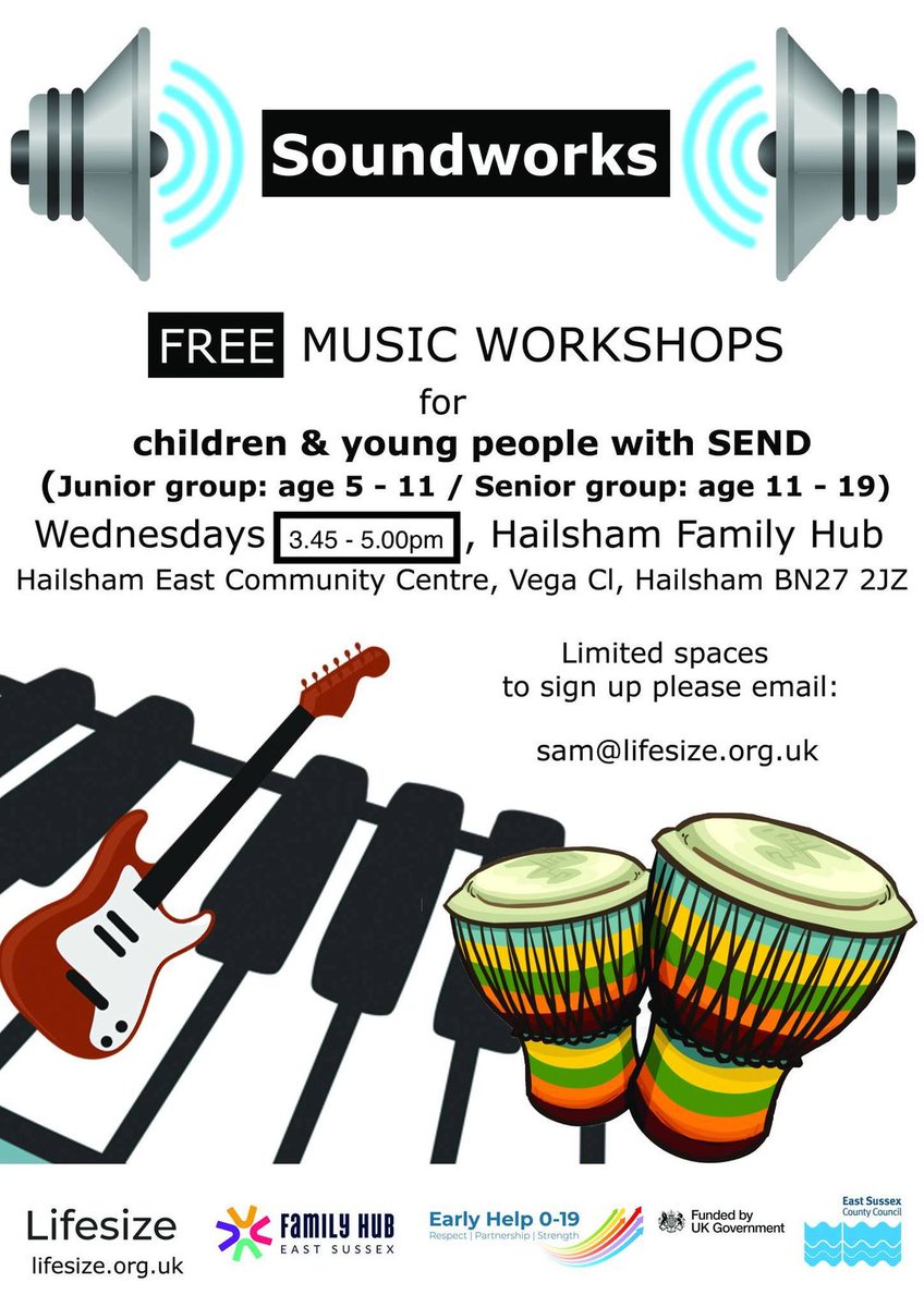 FREE after school music workshops in Hailsham for children and young people with SEND. Lifesize CIC are excited to be collaborating with Eastbourne/Hailsham/Seaford Family Hubs to be delivering Soundworks music workshops Spaces are limited, reserve a place- sam@lifesize.org.uk