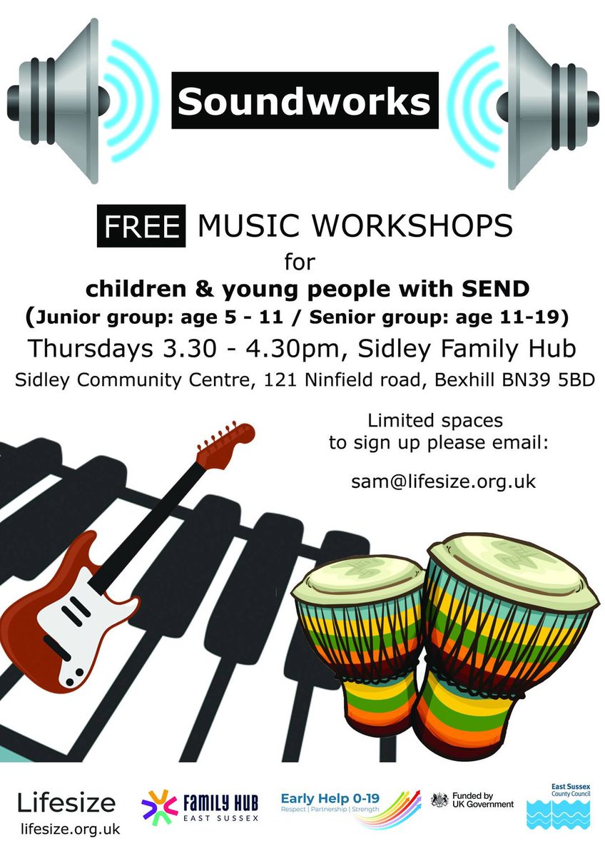 FREE after school music workshops in Sidley for children and young people with SEND. Lifesize CIC are excited to be collaborating with Rother Family Hubs to be delivering Soundworks music workshops. Spaces are limited, reserve a place- sam@lifesize.org.uk <a href="/EastSussexCC/">East Sussex County Council</a>