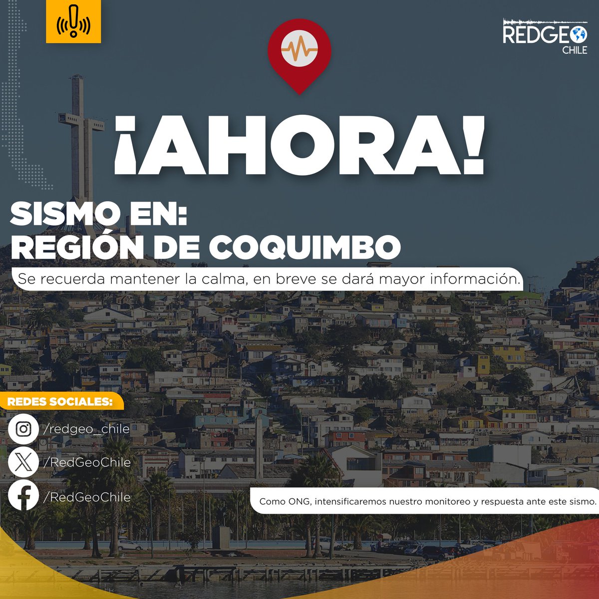 RedGeoChile's tweet photo. AHORA ⚠️ 🟠 Sismo moderado se percibe en la región de #Coquimbo.

Mantén la calma. En breve mayor información. https://t.co/OtohGf4nfq