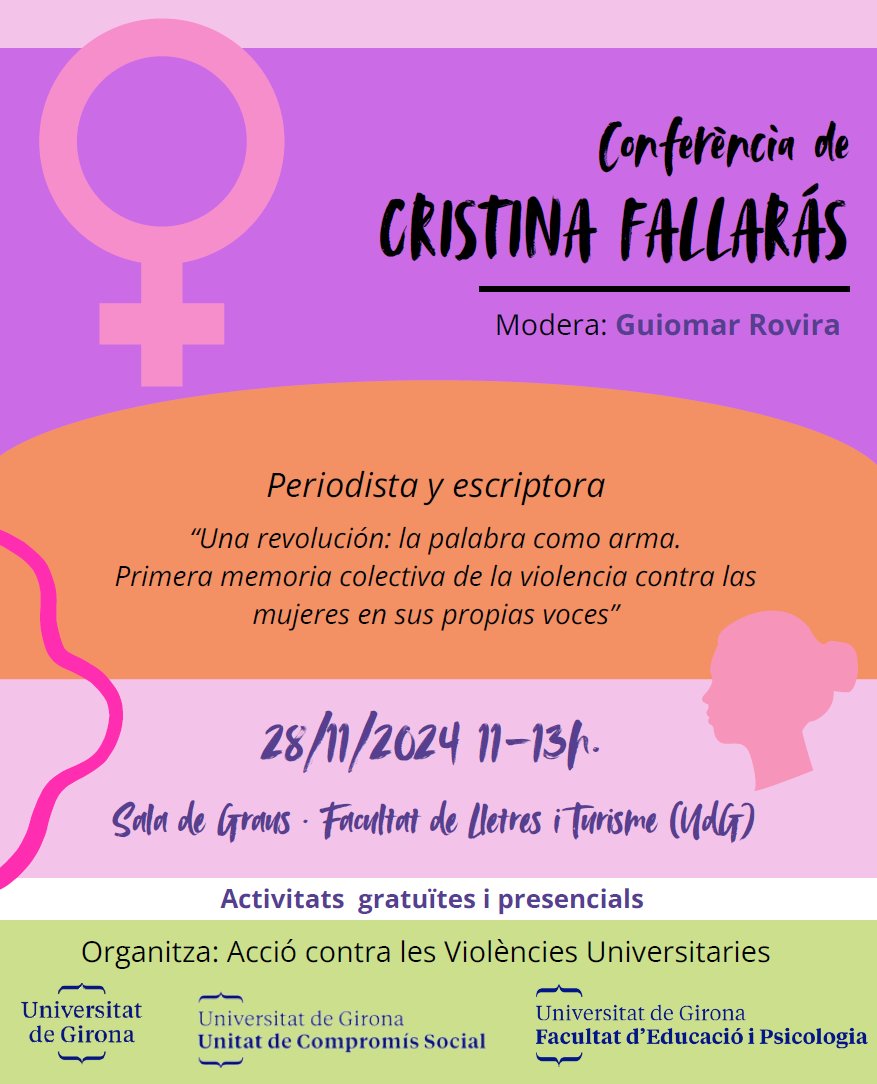 📣Conferència "Una revolución: la palabra como arma. Primera memoria colectiva de la violencia contra las mujeres en sus propias voces" de Cristina Fallarás.
🗓️Dijous 28 de novembre
⏲️11:00 hores 
🏣Sala de Graus de la Facultat de Lletres i Turisme