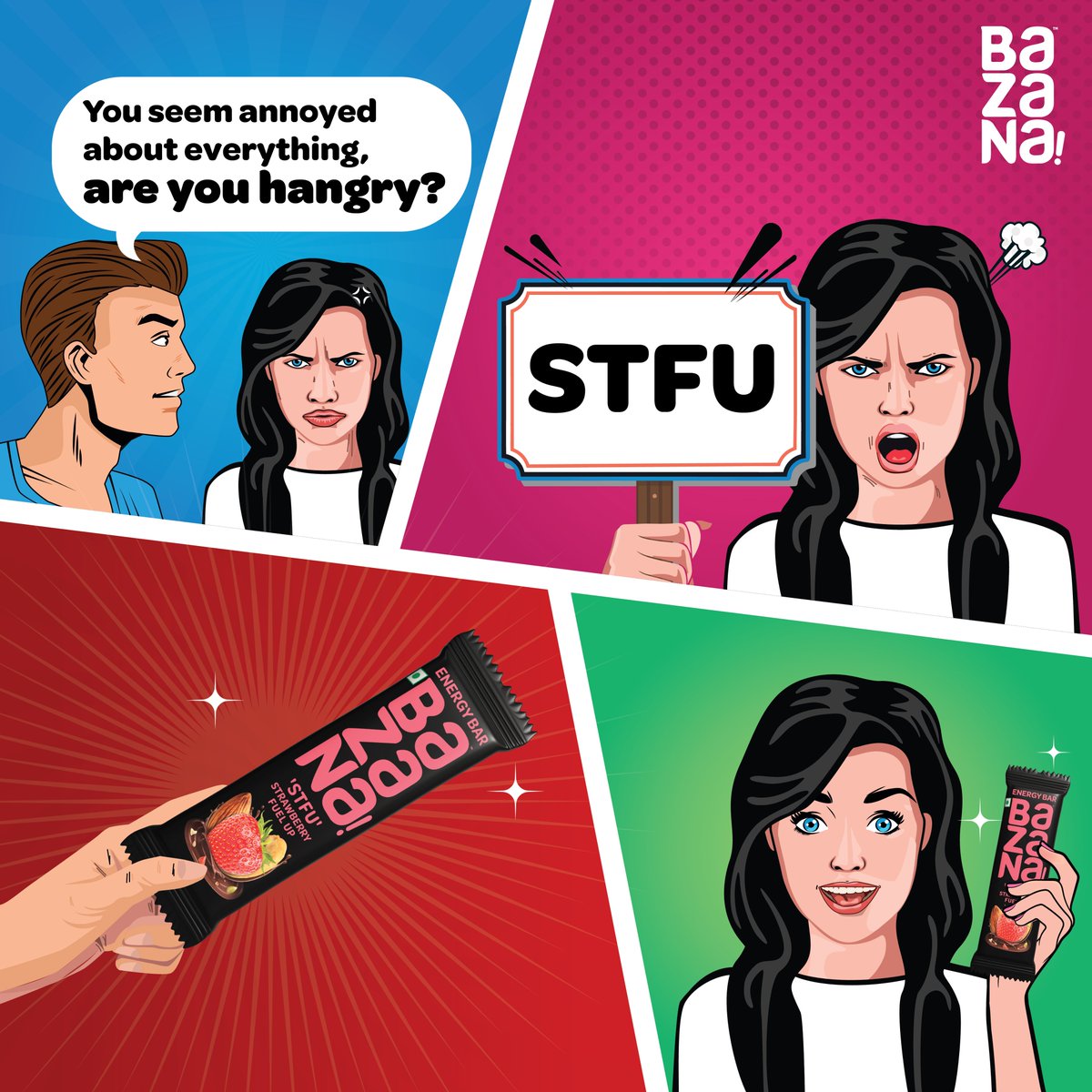 BazanaSnack's tweet photo. Let snacking do the talking with Bazana STFU Bar!
#Bazana #SnackBetter #energybars #snacktime #nutsandseeds #comics https://t.co/euoGapsciv