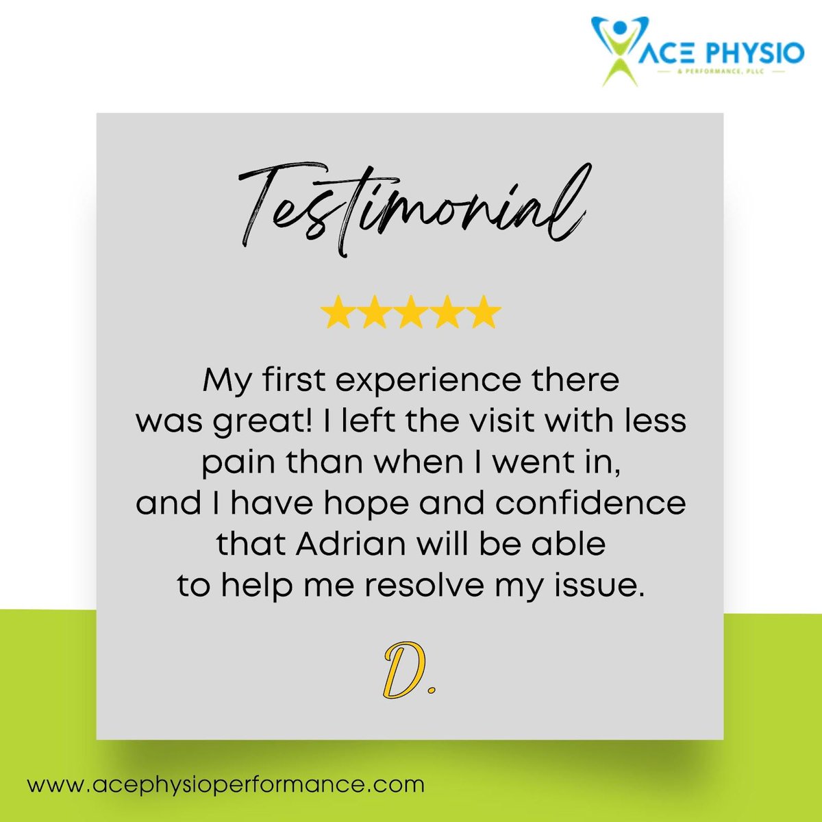 acephysperform's tweet photo. Our clients say it best! 🌟 At ACE, we prioritize your journey to recovery. With dedicated professionals like Adrian, you’re in good hands. Ready to experience our personalized approach?

Visit our website and learn more:
https://t.co/IcTa6d3Suw https://t.co/rAJBlLxdLe