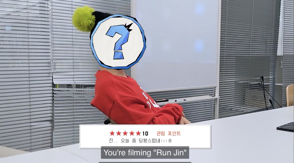 vminkookluvr69's tweet photo. man i am stumped. i can’t think of a single person who 1) jin has openly admitted to wanting to kidnap before and 2) would wear a neon green pompom on his head to the office https://t.co/88iG5DoaDI