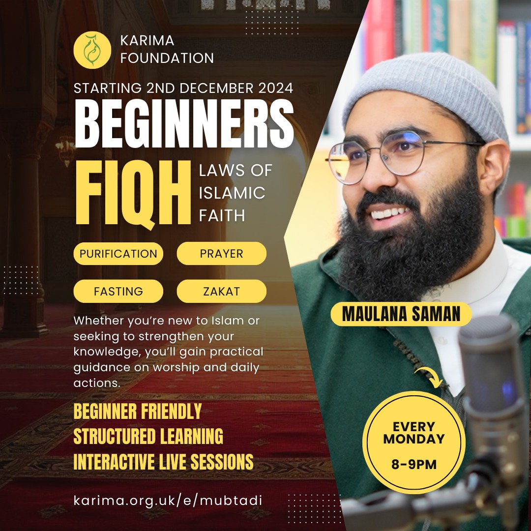 Foundations Of Fiqh, starting this Monday. As told in the Hadith: " Seeking knowledge is an obligation upon every Muslim." We've tailored this course to go over the basics for those who need to learn the basics and those who wish to review the basics. 

karimafiqh.carrd.co
