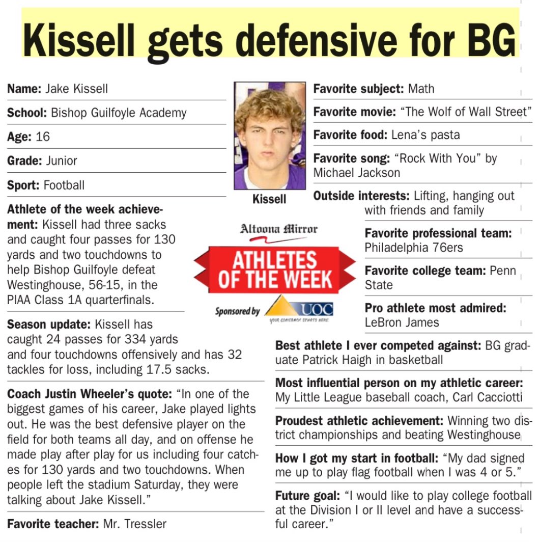Jake Kissell (@jake_kissell) on Twitter photo Grateful to be named the Altoona Mirror’s athlete of the week!
<a href="/BGMarauderFball/">BG Marauder Football</a> <a href="/BoytimMichael/">Michael Boytim</a> Grateful to be named the Altoona Mirror’s athlete of the week!
<a href="/BGMarauderFball/">BG Marauder Football</a> <a href="/BoytimMichael/">Michael Boytim</a>