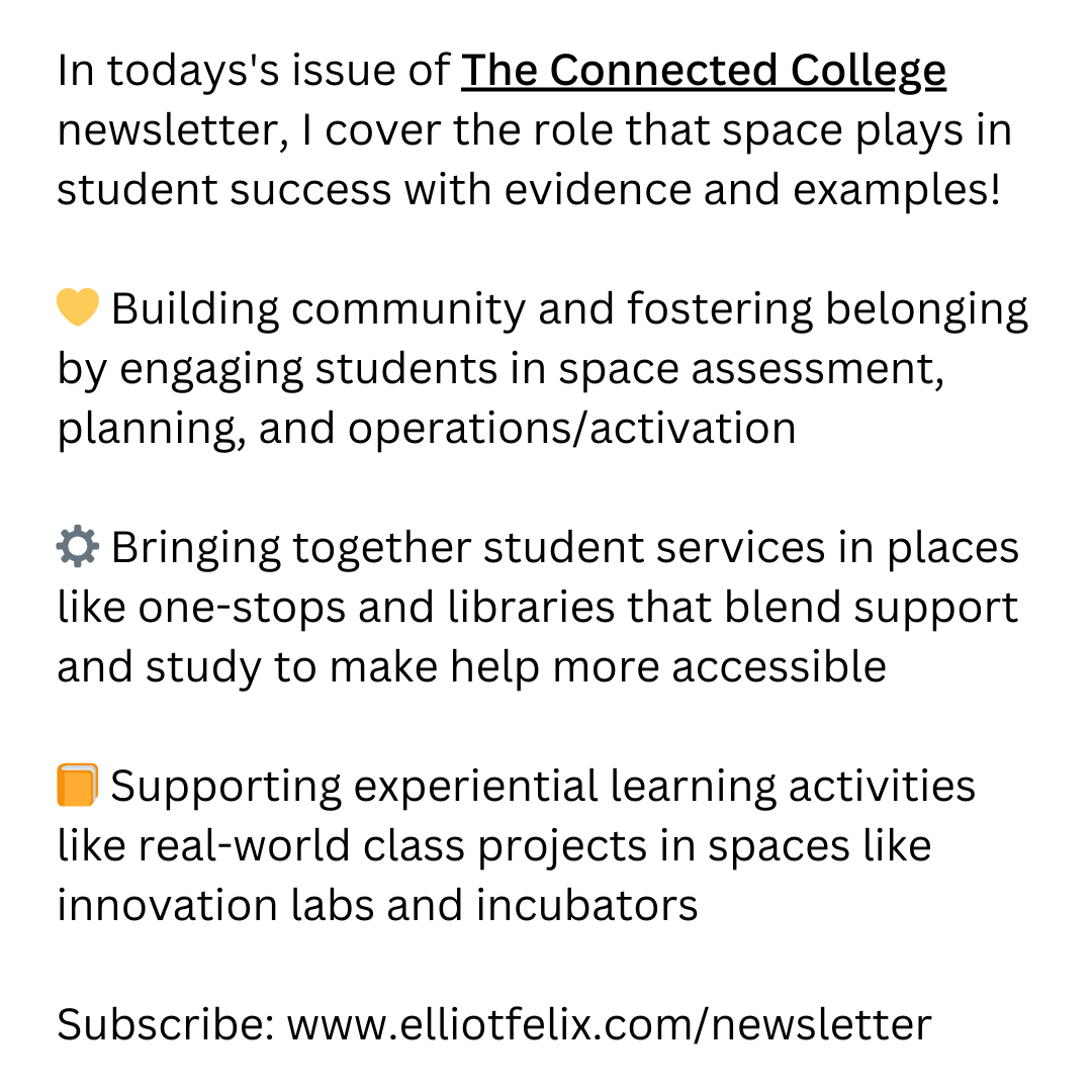 Elliot Felix π (@elliotfelix) on Twitter photo In today's issue of The <a href="/connectdcollege/">The Connected College</a> newsletter, I cover the role that space plays in #studentsuccess in #highered with lots of great evidence and examples from a recent talk!
elliotfelix.com/newsletter
#campusfacilities #spaceplanning #spaceprogramming #connectedcollege In today's issue of The <a href="/connectdcollege/">The Connected College</a> newsletter, I cover the role that space plays in #studentsuccess in #highered with lots of great evidence and examples from a recent talk!
elliotfelix.com/newsletter
#campusfacilities #spaceplanning #spaceprogramming #connectedcollege